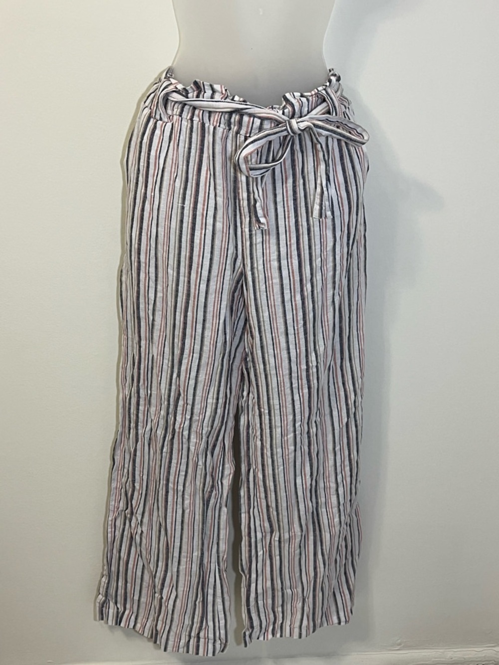 New Look Linen Cotton Blend Wide-Leg Pants with Black Tan & Pink Stripes Small